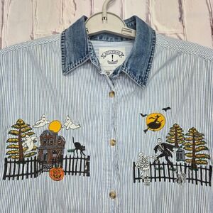 VTG Solutions Striped Halloween Embroidered Button Shirt Sz L Hounted House